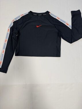 Nike Black Long Sleeve Cropped Mesh Top with Red Swoosh